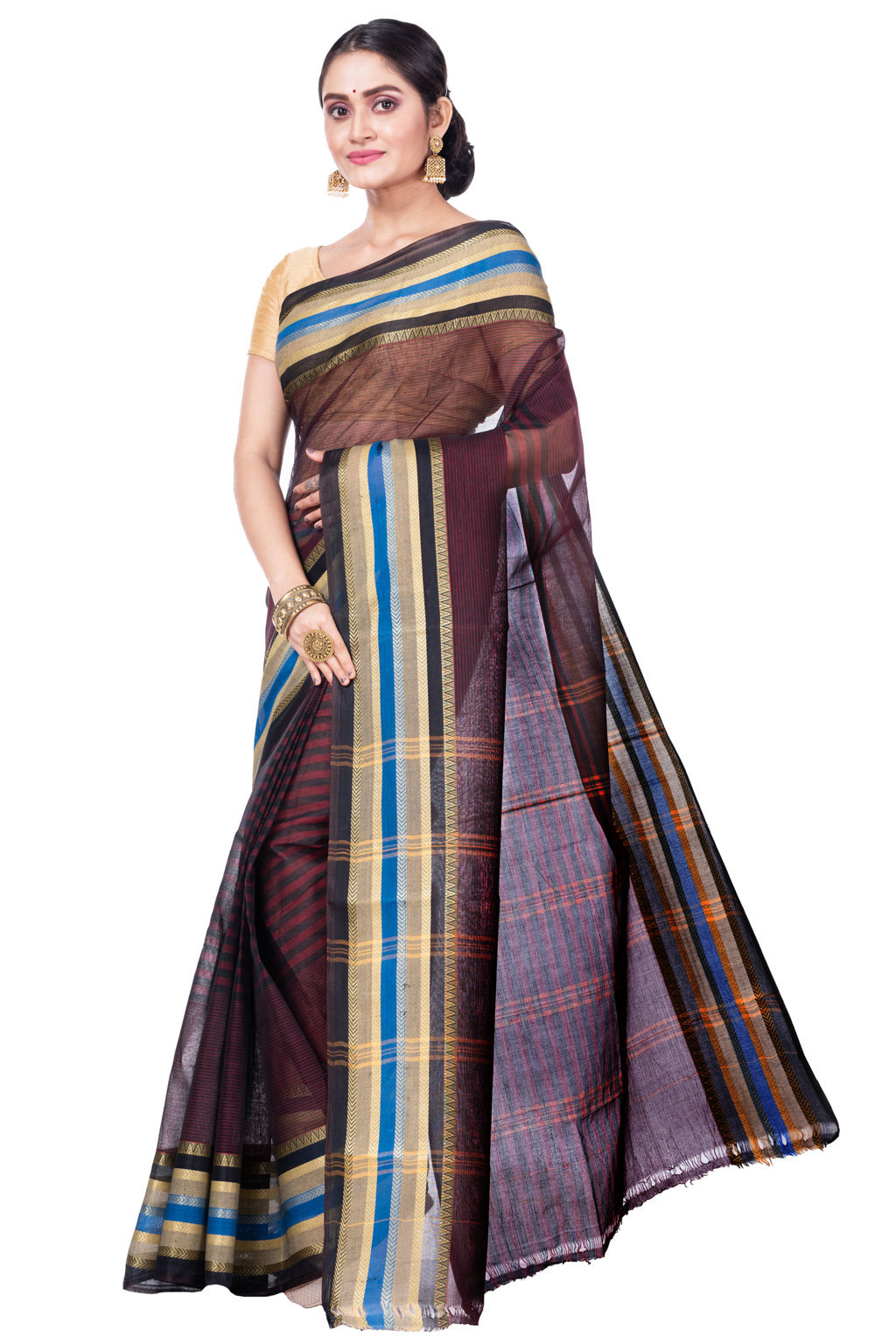 Brown Pure Cotton Khajur_Churi_Strip Tant Saree (657)